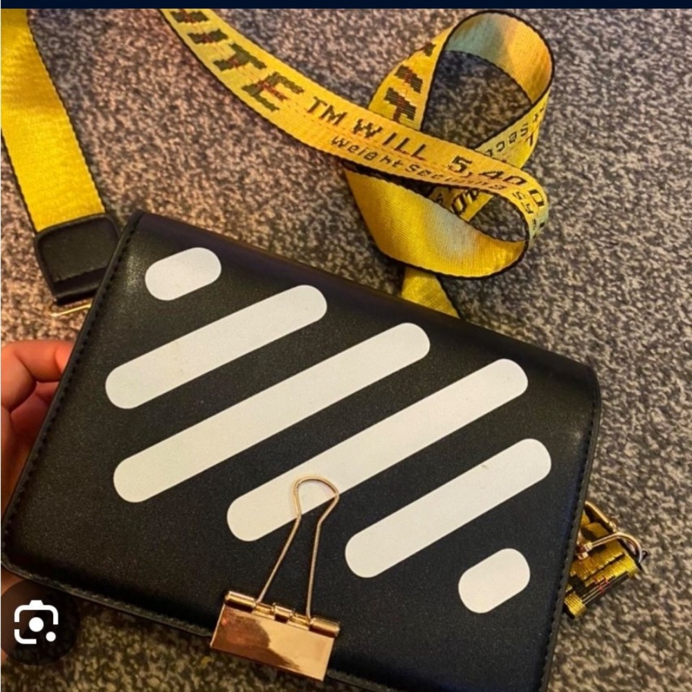 Off-White Black and White Shoulder Bag with Yellow Strap